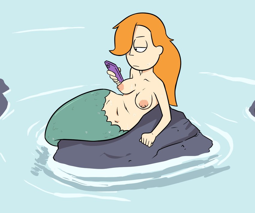 breasts cellphone electronics female hair nipples orange_hair phone rock split_form water manwithnobats adult_swim cartoon_network rick_and_morty summer_smith marine merfolk 2020 6:5