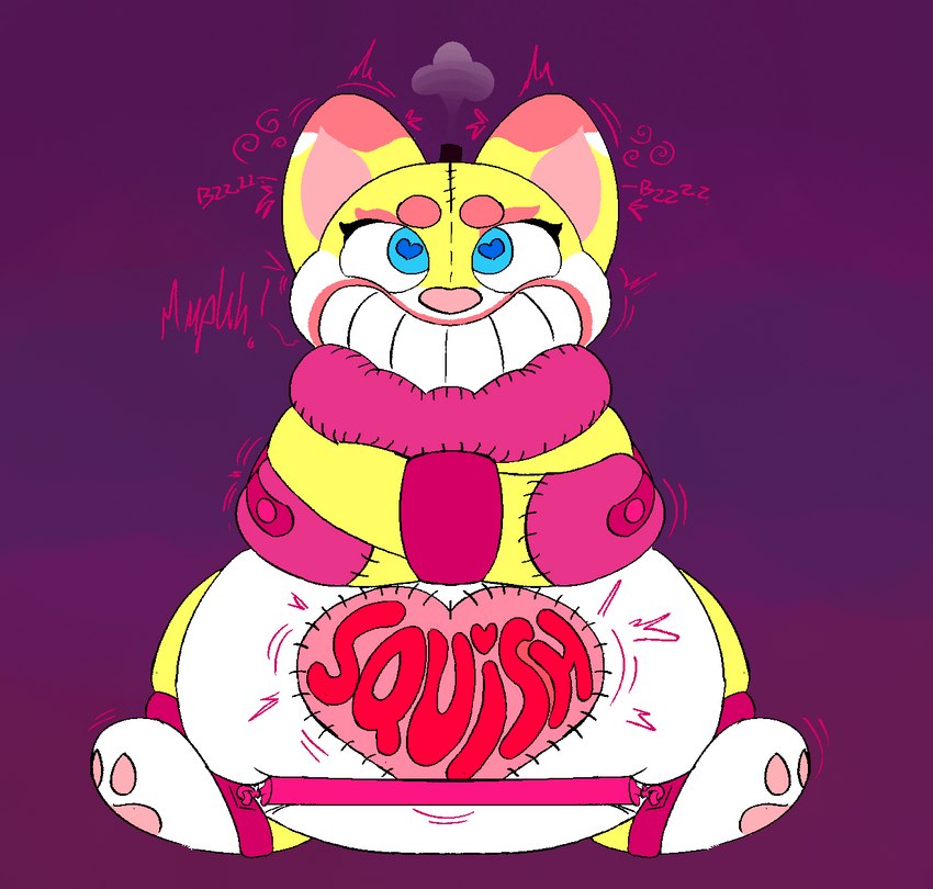 ambiguous_gender anthro bdsm bondage bound clothing grin handwear mittens plushsuit restraints sex_toy simple_background smile solo stitch_(sewing) text vibrator mintyskunk 2023 digital_drawing_(artwork) digital_media_(artwork) hi_res