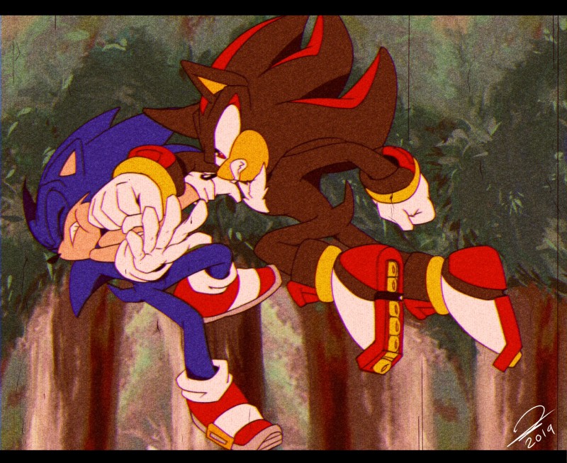 angry anthro battle black_bars clothing duo eyes_closed footwear gloves handwear male plant red_eyes teeth tree violence sonicaimblu19 sega sonic_the_hedgehog_(series) shadow_the_hedgehog sonic_the_hedgehog eulipotyphlan hedgehog mammal 2019 hi_res letterbox