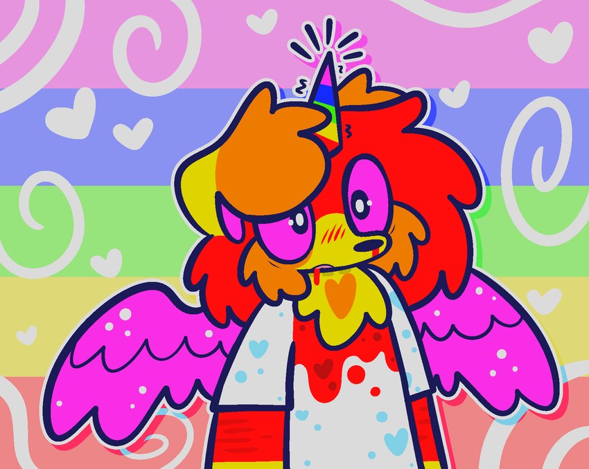 abstract_background anthro arm_scar blood blood_from_mouth blood_in_mouth blood_on_clothes blush bodily_fluids cheek_tuft clothed clothing facial_tuft fluffy fluffy_hair hair heart_symbol horn long_hair looking_aside male nosebleed scar self-harm_scars solo standing tuft wide_eyed wings furrysauce mythology sparklecare woofles_(furrysauce) anthry_(sparklecare) canid canine canis domestic_dog equid equine hybrid mammal mythological_creature mythological_equine winged_unicorn 2024 hi_res