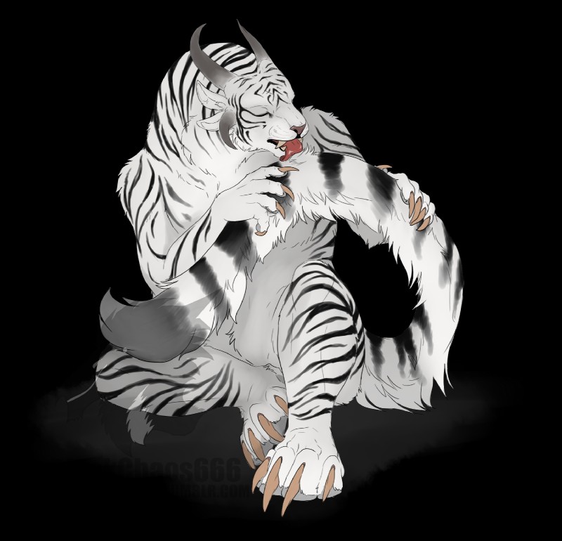 4_ears anthro claws eyes_closed fangs female flat_chested fluffy fluffy_tail fur hair holding_tail horn licking multi_ear nude simple_background solo striped_body striped_fur stripes tail teeth text toe_claws tongue tongue_out transparent_background white_body white_fur blackchaos666 guild_wars charr felid mammal alpha_channel hi_res url watermark