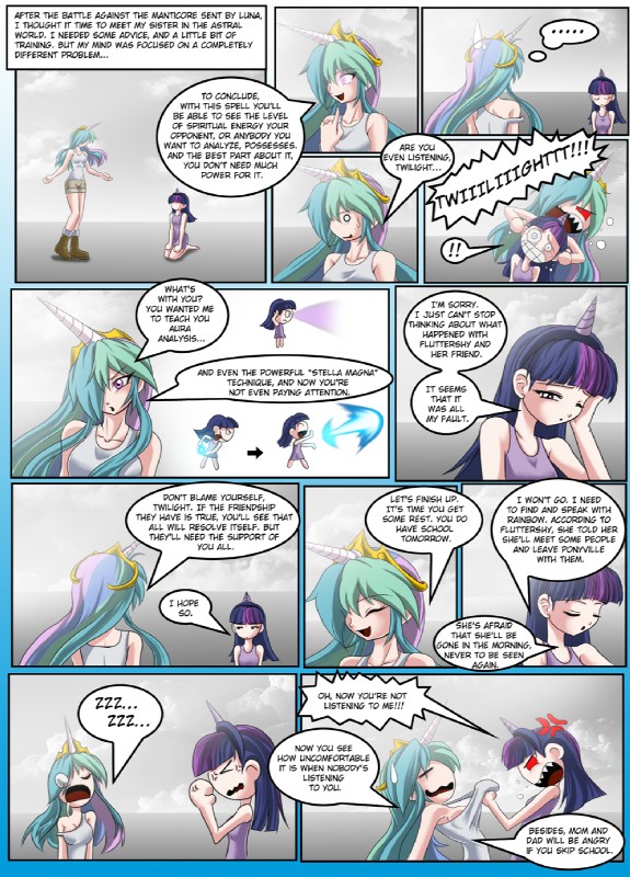 alternate_species angry clothed clothing crown dialogue dress eyes_closed female hair headgear humanized multicolored_hair nightgown noogie purple_hair sleeping text tiara two_tone_hair mauroz friendship_is_magic hasbro my_little_pony princess_celestia_(mlp) twilight_sparkle_(mlp) human mammal comic english_text hi_res