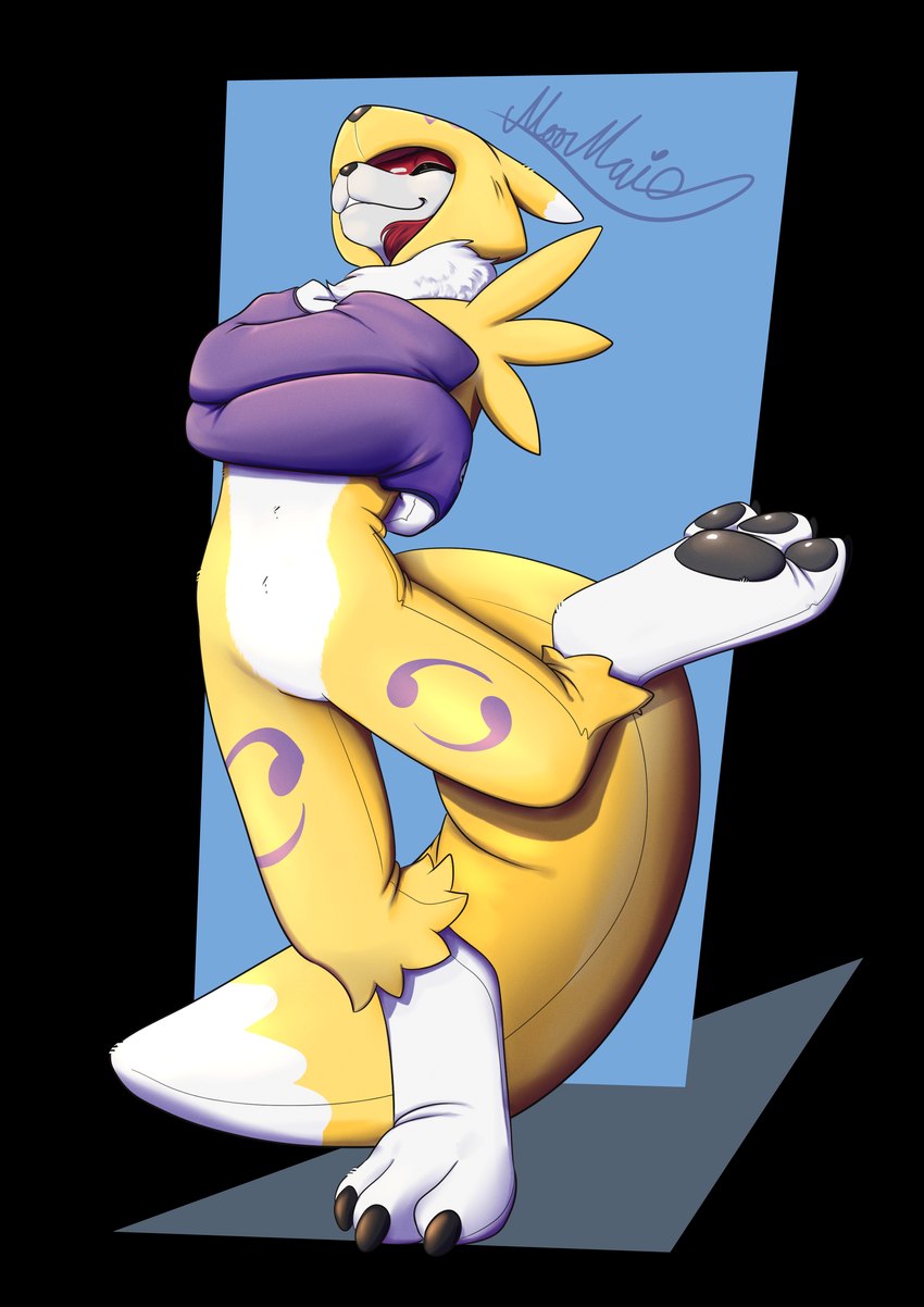 ambiguous_gender anthro brown_hair clothing costume crossed_arms eyes_closed furry_wearing_fursuit fursuit hair on_one_leg pawpads simple_background smile solo standing moomaid bandai_namco digimon canid digimon_(species) mammal renamon absurd_res digital_media_(artwork) hi_res