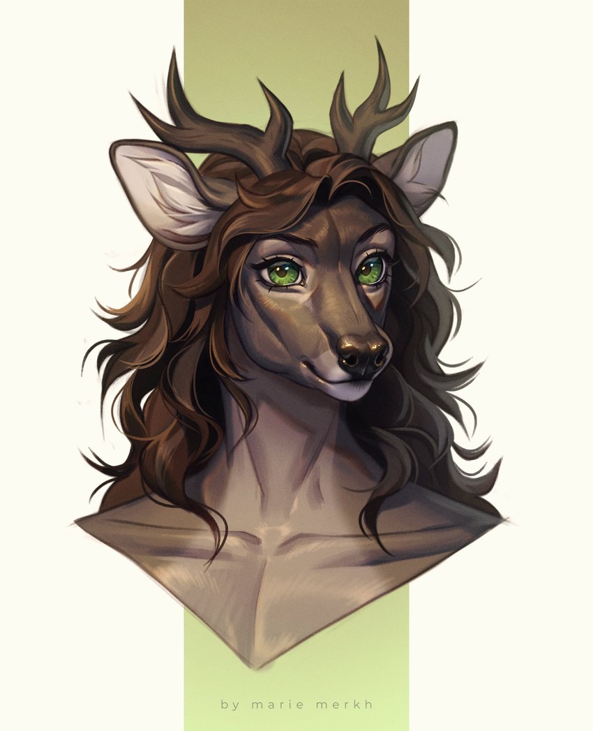 anthro antlers brown_antlers brown_body brown_fur brown_hair front_view fur glistening glistening_eyes green_eyes hair horn looking_at_viewer mouth_closed solo marie_merkh deer mammal absurd_res artist_name bust_portrait hi_res portrait