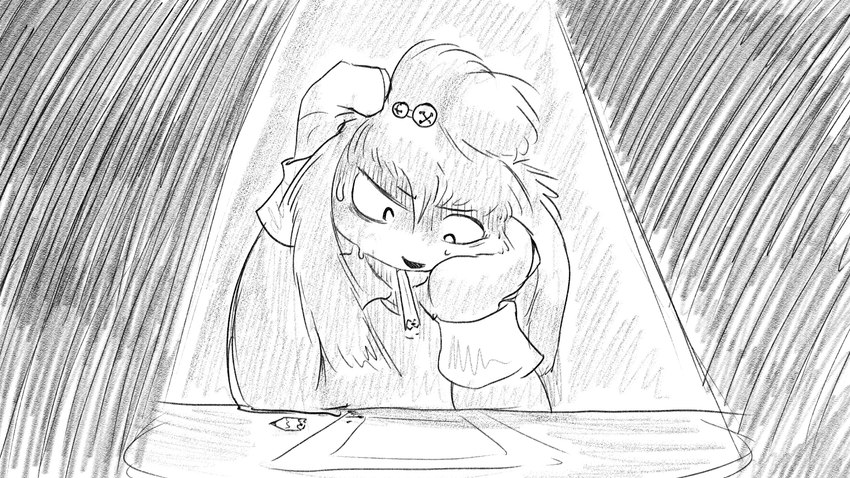 anthro bell biting_pencil bodily_fluids clothing desk female furniture grabbing_head looking_down paper pencil solo sweat sweater table topwear dragonweirdo animal_crossing nintendo isabelle_(animal_crossing) canid canine canis domestic_dog mammal shih_tzu toy_dog 16:9 hi_res monochrome story story_in_description widescreen