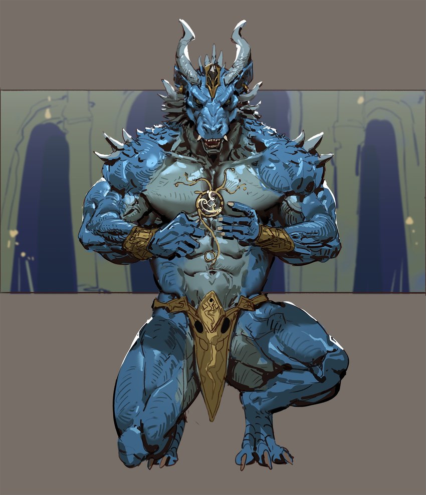 abs anthro blue_body bottomwear clothing fangs gold_(metal) horn loincloth male pecs solo spikes spikes_(anatomy) teeth pacelic mythology dragon mythological_creature mythological_scalie scalie hi_res