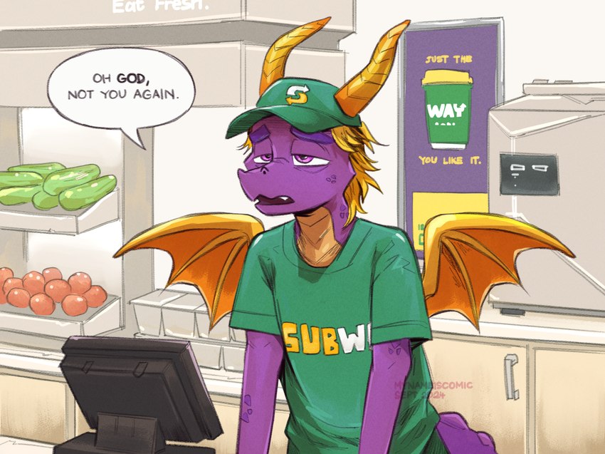 anthro anthrofied billboard blonde_hair cashier clothing cucumber exhausted food fruit green_clothing green_hat green_headwear green_shirt green_topwear hair half-closed_eyes hat headgear headwear horn male narrowed_eyes orange_wings plant purple_body purple_eyes shirt solo speech_bubble talking_to_another text text_on_clothing text_on_shirt text_on_topwear tomato topwear uniform wings yellow_horn yellow_wings mynameiscomic activision mythology spyro_the_dragon subway_(restaurant) subway_spyro spyro dragon mythological_creature mythological_scalie scalie 2024 artist_name english_text hi_res