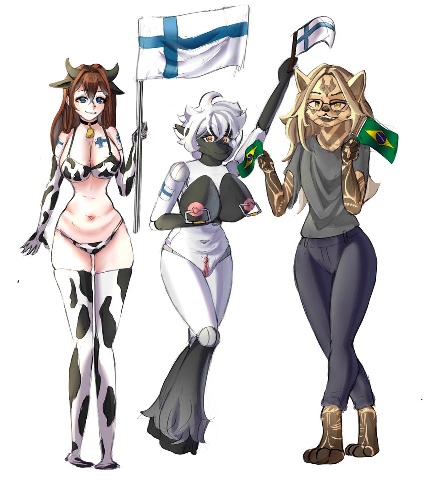 animal_print anthro big_breasts blue_eyes bovid_horn bovine_horn bra brazilian_flag breasts brown_eyes brown_hair clothing cow_horn cow_print digitigrade doll doll_joints eyewear fangs female finnish_flag flag flag_(object) genitals glasses gloves group hair handlebar_piercing handwear holding_flag holding_object hooves horn leggings legwear long_hair nipple_piercing nipples panties piercing plantigrade pussy simple_background smile tattoo tattoos_everywhere teeth trio underwear white_background white_body white_hair white_skin ruby(artist) ali_sharp minostofes(character) animate_inanimate bovid caprine felid feline human living_doll mammal sheep absurd_res hi_res