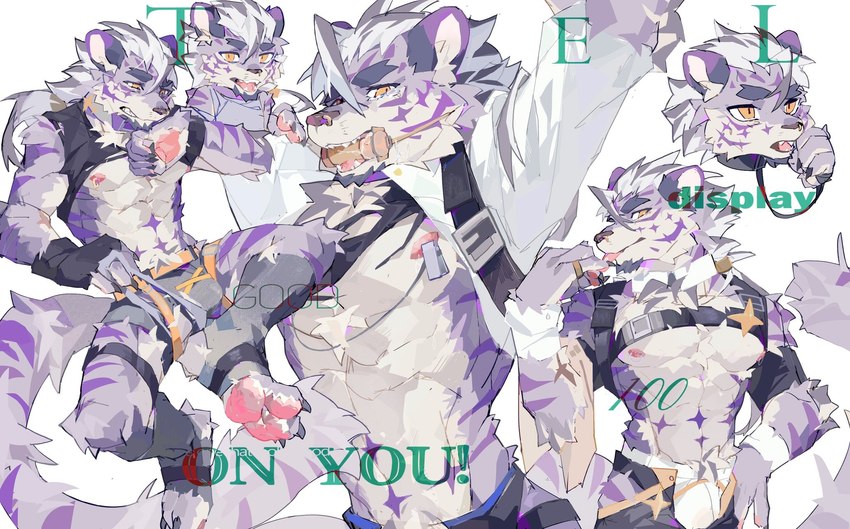 abs anthro barazoku biceps bite_gag fur looking_at_viewer male muscular muscular_anthro muscular_male nipple_clamp pecs purple_body purple_fur shirtless_anthro shirtless_male solo white_body white_fur yellow_eyes viosgit felid mammal pantherine tiger 2022 cover digital_media_(artwork) digital_painting_(artwork) hi_res magazine_cover