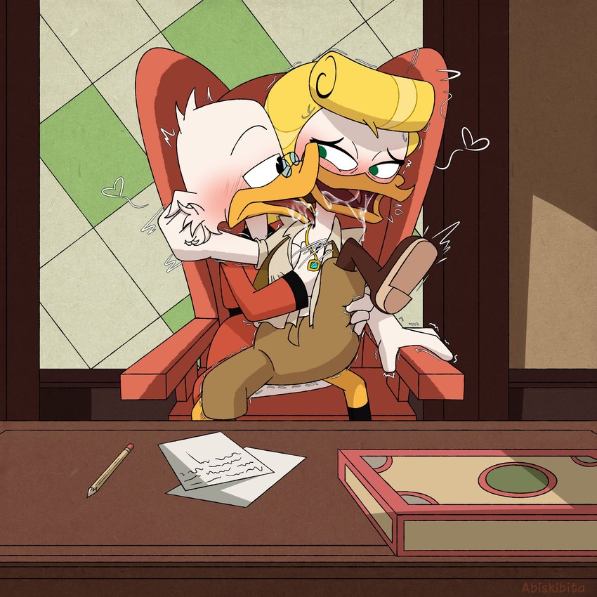 anthro beak blush bodily_fluids boots breasts chair clothed clothing duo female footwear furniture hand_on_breast kissing_cheek licking male male/female office_chair raised_leg saliva sex shoes tongue tongue_out scroldiensfw disney ducktales ducktales_(2017) goldie_o'gilt scrooge_mcduck anatid anseriform avian bird duck 1:1 absurd_res hi_res