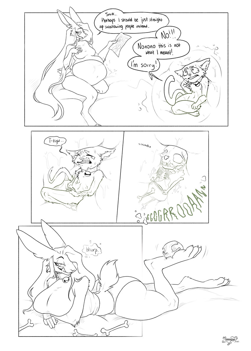 after_vore anthro anthro_pred anthro_prey apology arm_under_breasts bell bell_collar belly big_belly big_breasts big_butt bloated bodily_fluids bone bone_breaking bones_in_stomach breasts burping butt chest_tuft clothed clothing clothing_theft collar death digestion digestion_noises digitigrade drawing_(object) drawing_in_a_drawing fatal_vore female female_pred forced gore hair hand_above_breast hand_on_own_breast holding_drawing inside_stomach internal larger_female larger_pred licking licking_lips long_hair lying male male_prey navel on_front oral_vore organs panties pantsless size_difference skull smaller_male stealing stomach stomach_acid talking_to_pred talking_to_self text tight_fit tongue tongue_out tuft underwear unwilling_prey vore misscaine lagomorph leporid mammal rabbit absurd_res comic digital_media_(artwork) english_text hi_res
