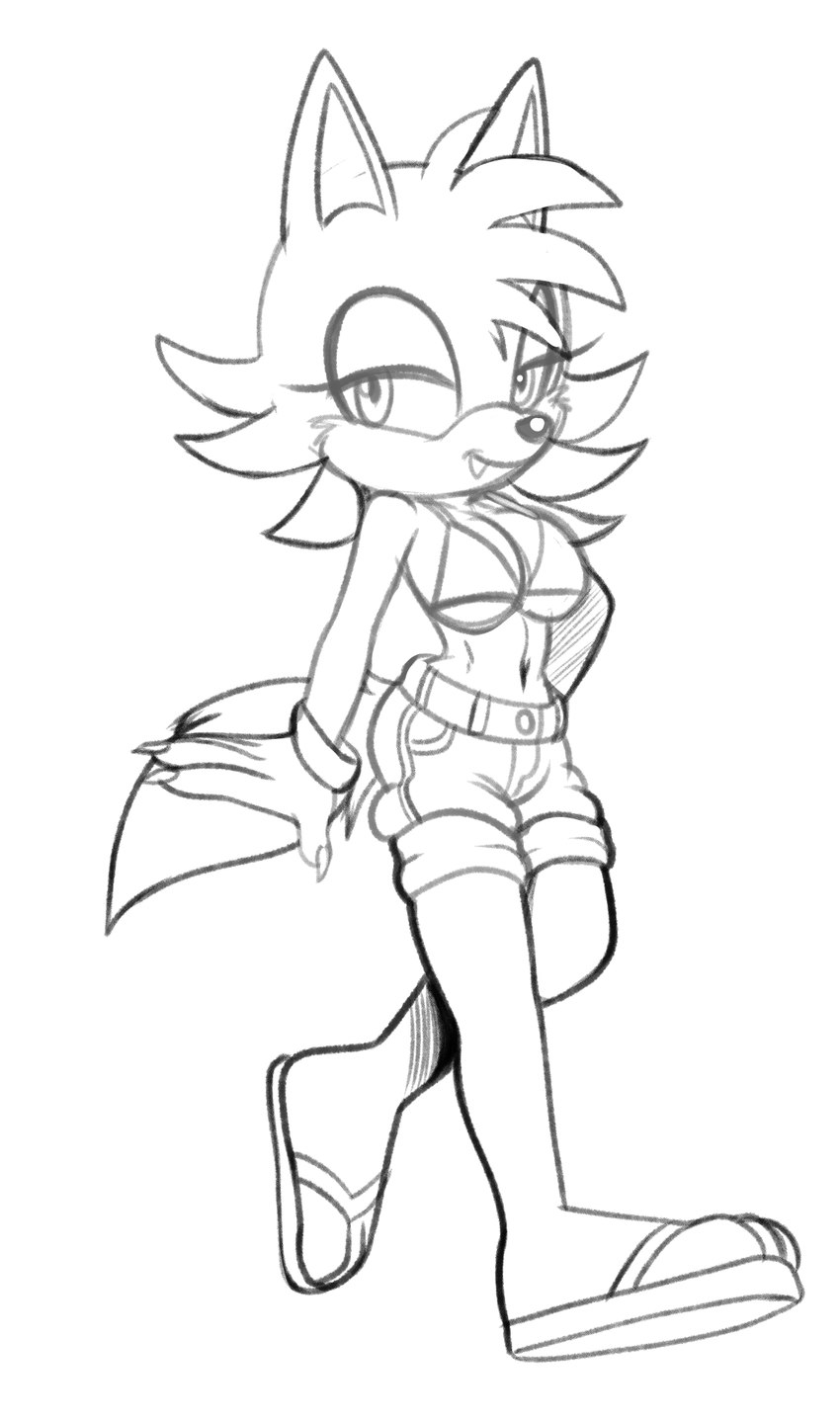 bikini bottomwear breasts clothing female footwear hotpants sandals shoes shorts strutting swimwear two-piece_swimsuit under_boob fourssss sega sonic_the_hedgehog_(series) ellie_the_wolf fan_character canid canine canis mammal wolf 2024 hi_res monochrome sketch