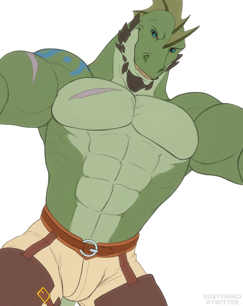 abs anthro biped blue_eyes bulge cheek_spikes chin_spikes facial_spikes green_body looking_at_viewer looking_down looking_down_at_viewer male muscular muscular_anthro muscular_male pecs scar simple_background smile smiling_at_viewer solo spikes spikes_(anatomy) white_background rustymiko mythology dragon mythological_creature mythological_scalie reptile scalie 2022 digital_media_(artwork) hi_res