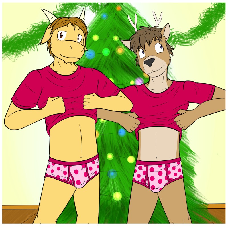 anthro blue_eyes border briefs brown_eyes building bulge christmas_tree clothing duo holidays horn inside male pink_clothing pink_shirt pink_topwear pink_underwear plant polkadots shirt t-shirt topwear tree underwear white_border fuze christmas texnatsu casey_ramser nat_ramser bovid caprine deer goat mammal 1:1 hi_res story story_in_description stepfather_(lore) stepfather_and_stepchild_(lore) stepfather_and_stepson_(lore) stepparent_(lore) stepparent_and_stepchild_(lore) stepparent_and_stepson_(lore) stepson_(lore)