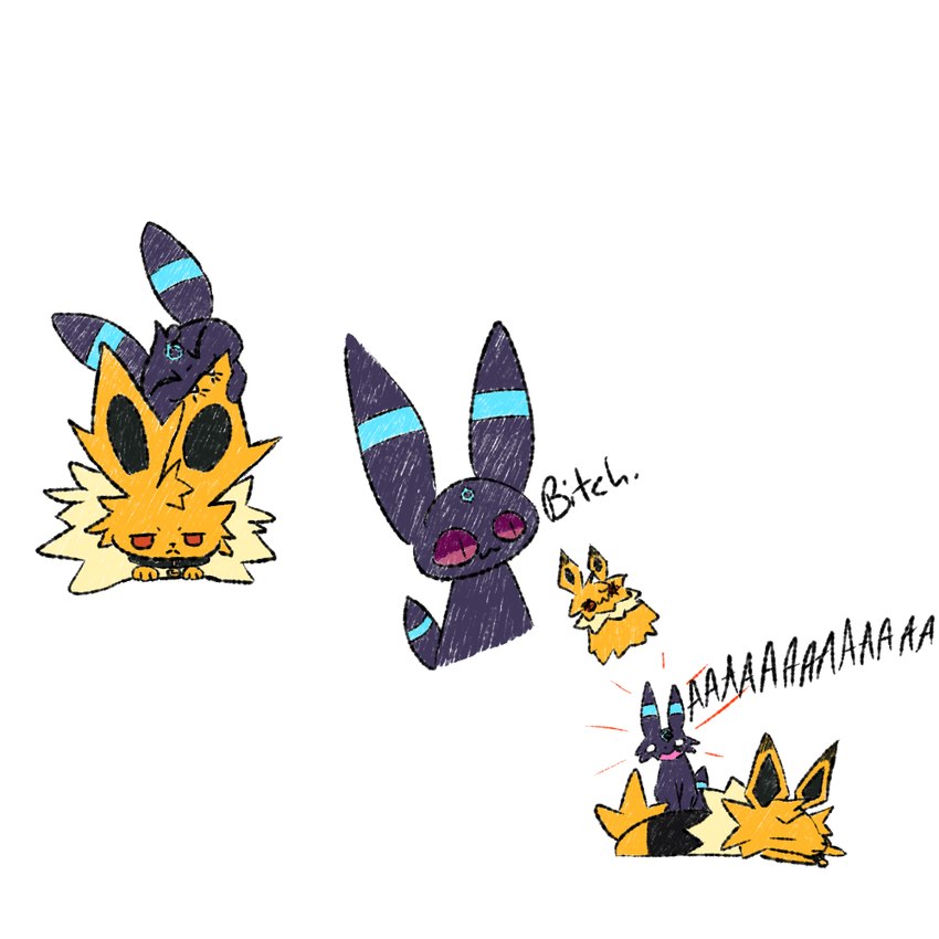 aaaaaaaaaaa ambiguous_gender bite choker collar duo ear_bite female feral fluffy fur jewelry male male/female necklace open_mouth profanity screaming simple_background tail teeth text unimpressed yellow_body yellow_fur unknown_artist nintendo pokemon hex_(hexonac) tarma eeveelution generation_1_pokemon generation_2_pokemon jolteon mammal pokemon_(species) umbreon digital_media_(artwork) english_text meme