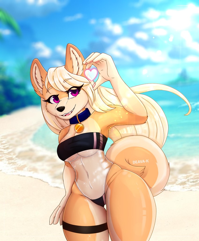 anthro beach blonde_hair breasts clothing female fluffy garter_straps glistening glistening_body hair heart_symbol one-piece_swimsuit outside seaside small_waist solo swimwear thick_thighs translucent translucent_clothing translucent_swimwear under_boob wide_hips dxxk gris_swimsuit meme_clothing inku_the_shiba_inu canid canine canis domestic_dog mammal shiba_inu spitz absurd_res hi_res meme