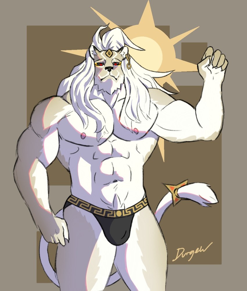 anthro biceps black_sclera bulge clothing ear_piercing hair jockstrap long_hair male muscular muscular_male nipples piercing pose red_eyes solo sun tail thong underwear durgewoof dislyte lilith_games versace javid_(dislyte) felid lion mammal pantherine hi_res