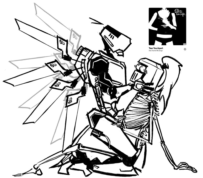 ambiguous/ambiguous ambiguous_gender armor blush blush_lines bone duo hand_on_leg hand_on_thigh headgear headgear_only helmet helmet_only holding_face looking_at_another machine motion_outline on_lap skeleton lenoxxx new_blood_interactive ultrakill mysterious_druid_knight v1_(ultrakill) humanoid robot robot_humanoid album_cover black_and_white cover hi_res monochrome