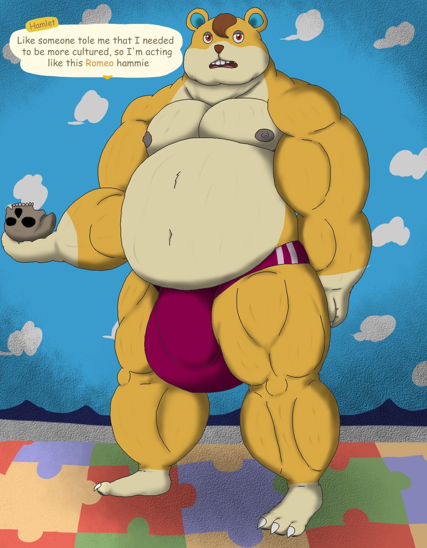 anthro belly big_belly big_bulge bone bulge clothing detailed_bulge genital_outline huge_bulge male muscular muscular_male penis_outline potbelly skull skull_head solo speedo swimwear text alythewolfcat animal_crossing nintendo hamlet_(animal_crossing) cricetid hamster mammal rodent english_text hi_res