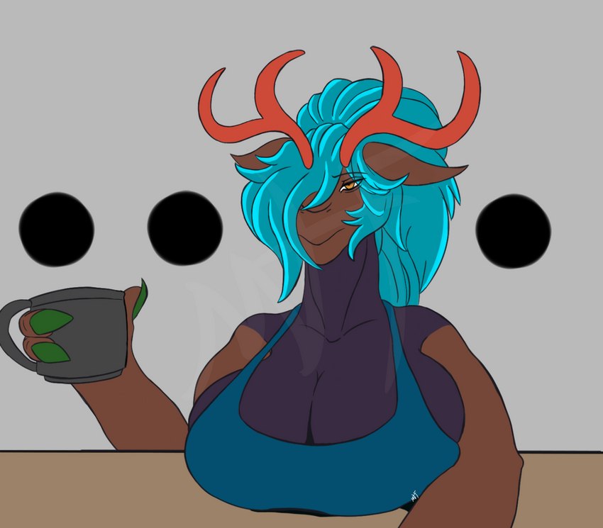 anthro antlers big_breasts blue_clothing blue_hair blue_topwear breasts brown_body brown_ears brown_face cleavage clothed clothing colored_nails female fingernails green_fingernails green_nails hair hair_over_eye holding_object horn mouth_closed multicolored_body nails narrowed_eyes one_eye_obstructed orange_antlers ponytail solo tired_eyes topwear maliborg unknown_species hi_res