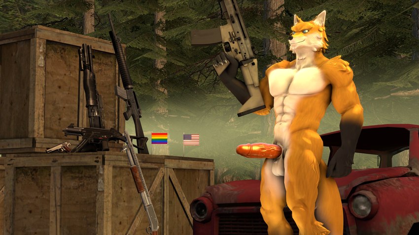 5_fingers 5_toes american_flag anthro assault_rifle balls biped black_body black_fur box car container crate erection feet fingers flag flag_(object) forest fur genitals gun handgun holding_gun holding_object holding_ranged_weapon holding_weapon humanoid_genitalia humanoid_penis lgbt_pride m16 m16a2 male muscular muscular_anthro muscular_male penis plant pride_color_flag pride_colors rainbow_flag rainbow_pride_colors rainbow_pride_flag rainbow_symbol ranged_weapon rifle scar-l six-stripe_rainbow_pride_colors smile solo spas-12 standing toes tree united_states_of_america vehicle vein veiny_penis weapon white_body white_fur winchester_1897 wood wood_container wood_crate yellow_body liberarsi petruz_(copyright) canid canine fox mammal 16:9 3d_(artwork) 4k absurd_res digital_media_(artwork) hi_res source_filmmaker_(artwork) widescreen