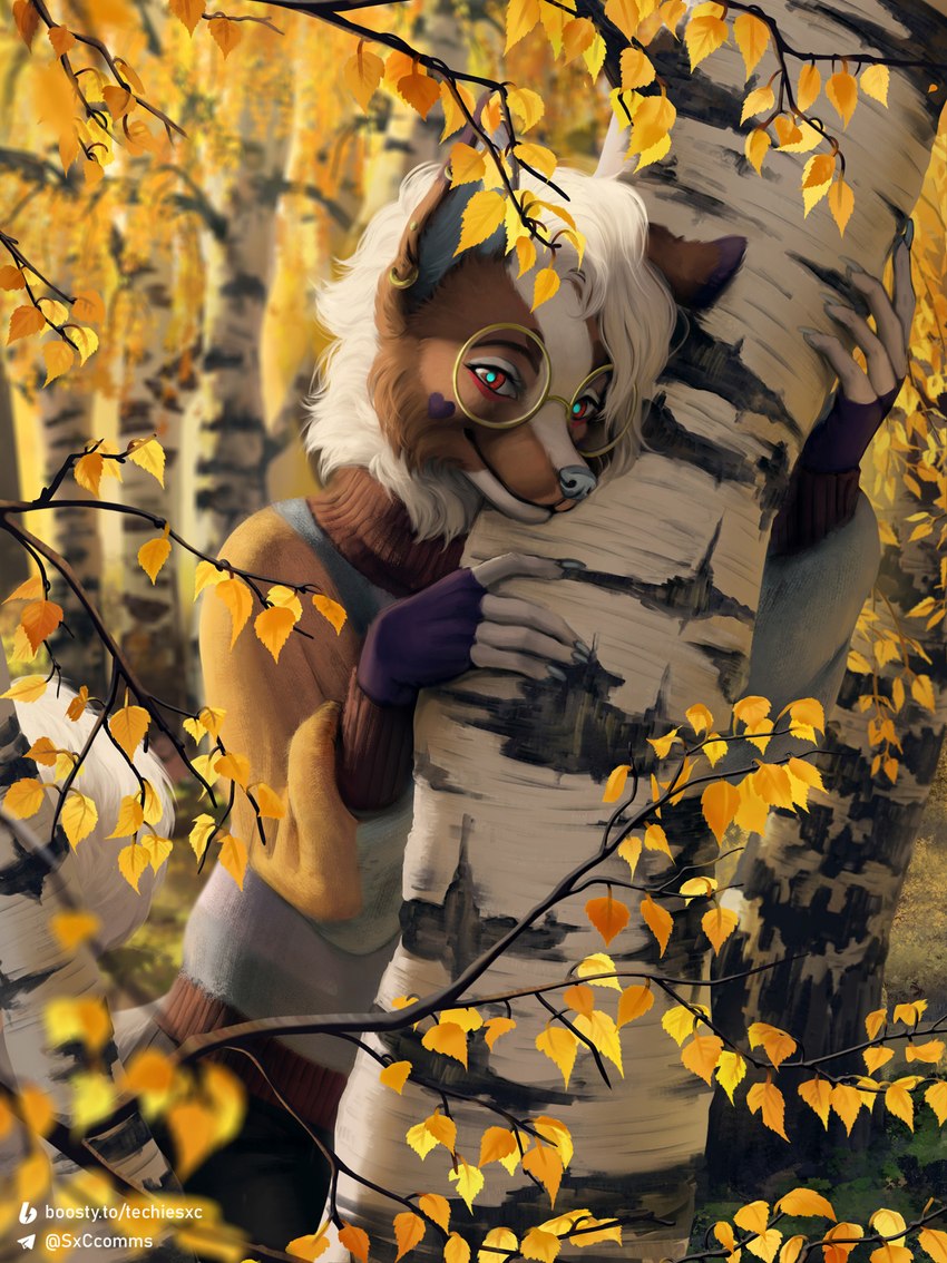 anthro autumn birch_tree branch clothing eyewear female forest glasses gloves handwear leaf plant solo stick sweater topwear tree techiesxc canid canine canis domestic_dog mammal hi_res