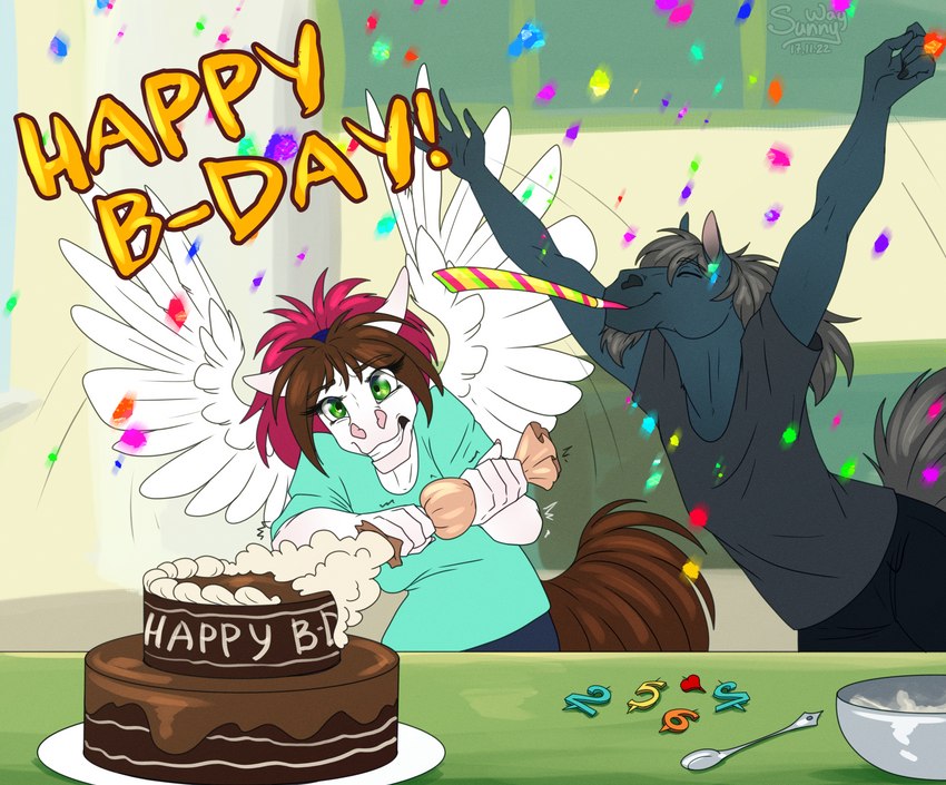 anthro birthday birthday_cake birthday_candle cake dessert duo female food gift happy_birthday humor love male male/female outline scared spread_wings wings sunny_way mythology joy_saidon_(character) sunny_way_(character) equid equine horse mammal mythological_creature mythological_equine pegasus digital_media_(artwork) hi_res