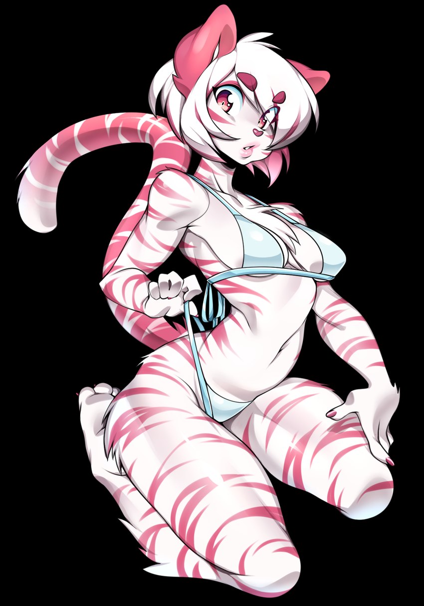 5_fingers anthro bra breasts chest_tuft clothed clothing clothing_pull female fingers fur hair heart_nose heart_symbol kneeling lips medium_breasts multicolored_body multicolored_fur navel partially_clothed simple_background solo striped_body striped_fur stripes tail transparent_background tuft two_tone_body two_tone_fur underwear underwear_pull white_body white_fur venusflowerart mammal unknown_species alpha_channel hi_res