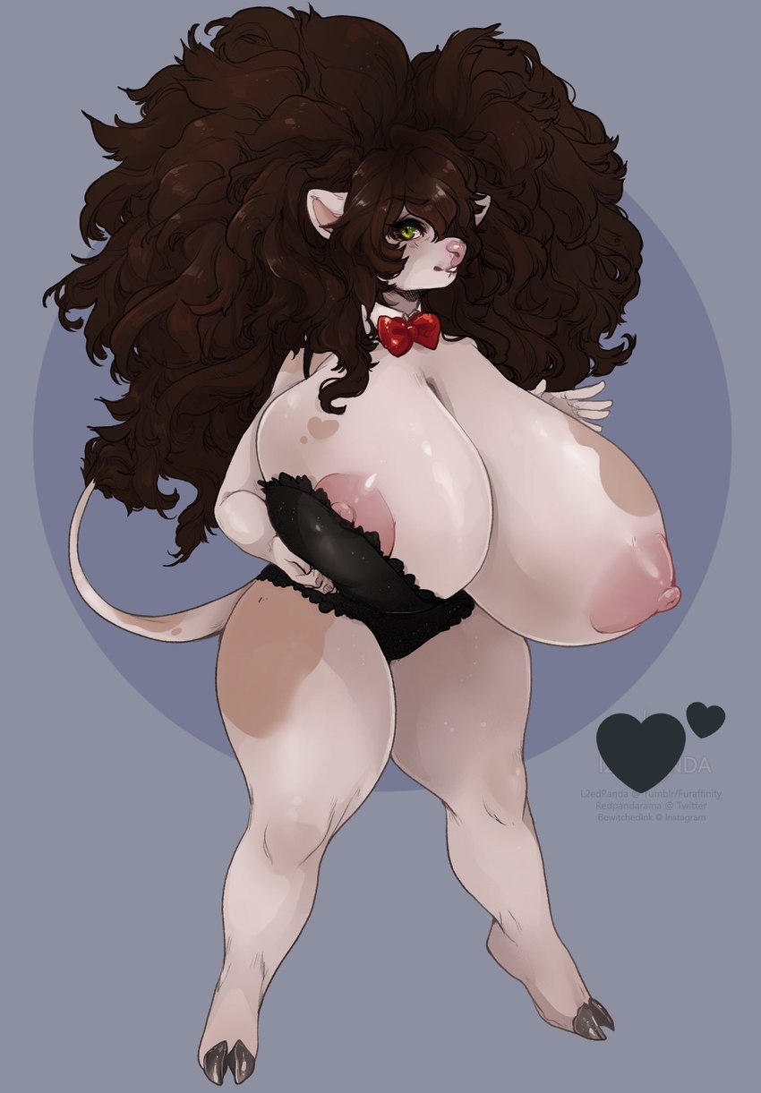 anthro areola big_areola big_breasts big_hair bite biting_lip bow_tie breasts brown_body brown_hair brown_inner_ear brown_markings brown_spots clothing cloven_hooves eyelashes female green_eyes grey_hooves hair heart_(marking) heart_symbol holding_breast hooves huge_breasts hyper hyper_breasts lingerie markings multicolored_eyes nipples pink_areola pink_nipples pink_nose red_bow_tie solo spots tail tail_tuft tan_body teddy_(clothing) teeth tuft undressing yellow_eyes bewitchedink bovid bovine cattle mammal digital_media_(artwork) hi_res shaded