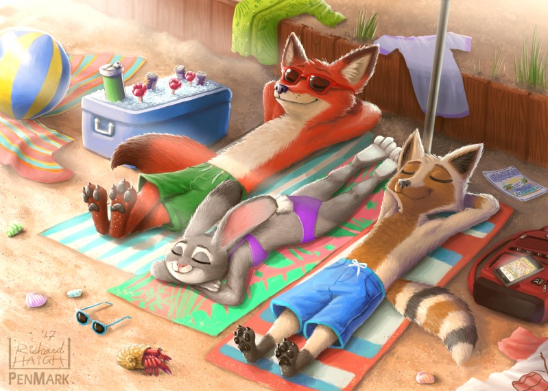 anthro ball beach beach_ball cellphone clothed clothing cooler detailed_background electronics eyewear female food fur group inflatable male outside pawpsicle phone pool_toy popsicle sand seaside summer sunglasses swimwear topless penmark disney zootopia fan_character judy_hopps nick_wilde arthropod canid canine crustacean fox hermit_crab lagomorph leporid malacostracan mammal marine procyonid rabbit raccoon red_fox true_fox 2017 hi_res