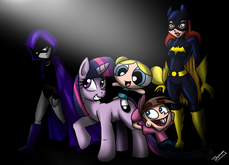 bat_symbol clothed clothing cutie_mark female feral fur group hair horn male multicolored_hair purple_eyes young tommassey250 batman_(series) cartoon_network dc_comics friendship_is_magic hasbro my_little_pony mythology nickelodeon powerpuff_girls teen_titans the_fairly_oddparents batgirl bubbles_(powerpuff_girls) raven_(dc) timmy_turner twilight_sparkle_(mlp) equid equine human mammal mythological_creature mythological_equine unicorn crossover