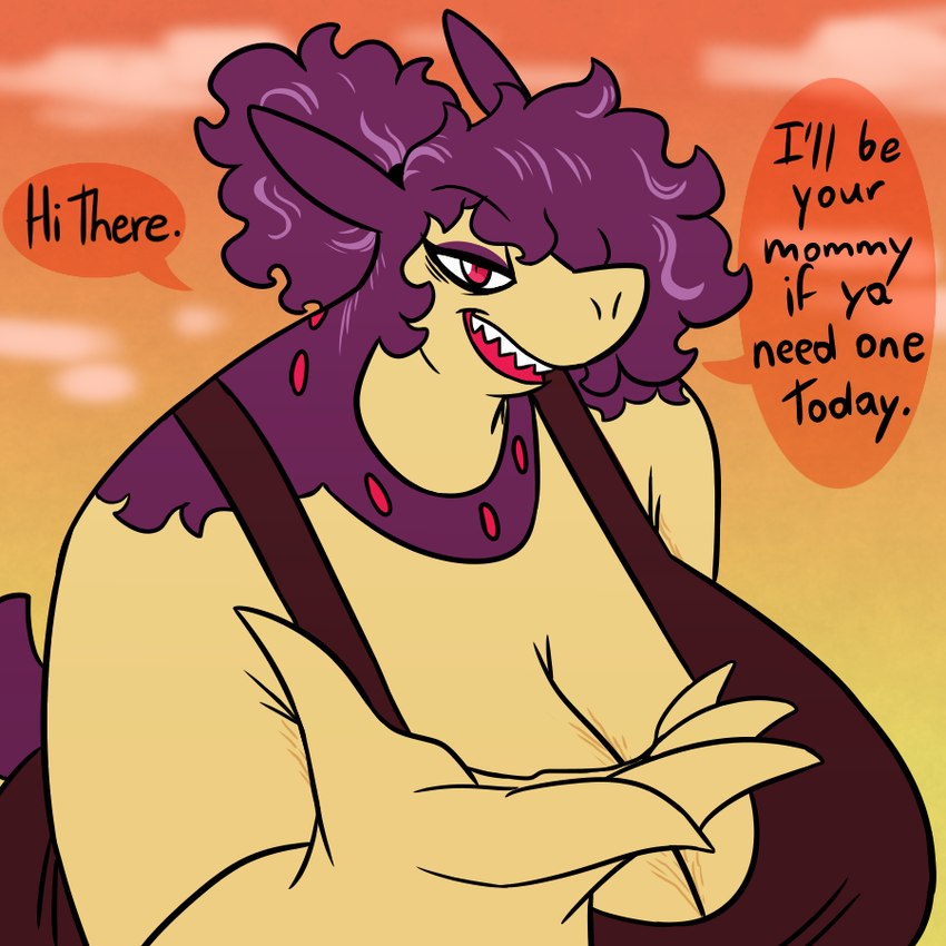 anthro big_breasts breasts cleavage clothed clothing female fur hair mommy_kink offering_to_viewer overweight pink_eyes ponytail purple_body purple_fur purple_hair scut_tail sharp_teeth short_tail sleeveless_dress solo stretch_marks tail teeth yellow_body yellow_fur nerdyreindeer nintendo pokemon aversa_(nerdyreindeer) generation_8_pokemon hisuian_form hisuian_typhlosion pokemon_(species) regional_form_(pokemon)