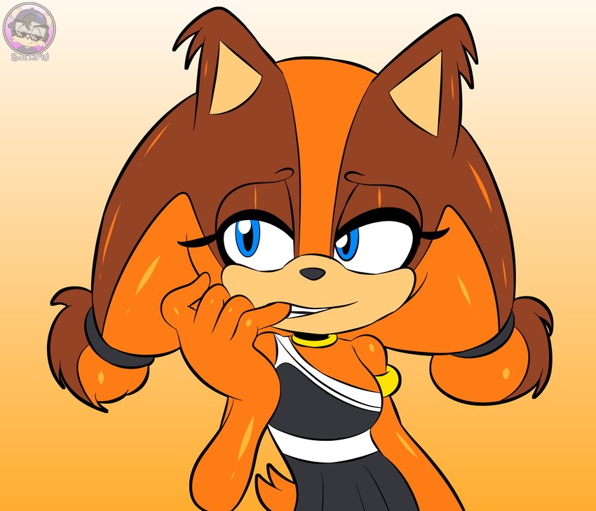 accessory anthro bite black_clothing black_dress blue_eyes brown_body brown_fur clothed clothing dress female finger_bite finger_in_mouth fur hair_accessory half-closed_eyes narrowed_eyes nervous orange_body orange_fur solo teeth sirjzau sega sonic_boom sonic_the_hedgehog_(series) sticks_the_jungle_badger badger mammal mustelid musteline absurd_res flat_colors hi_res watermark