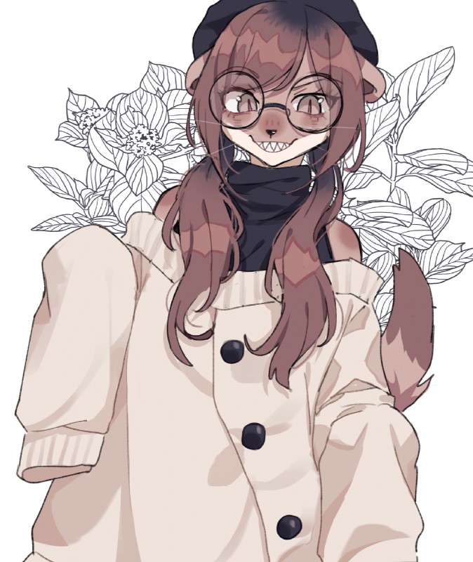 anthro blush brown_body brown_fur brown_hair clothed clothing eyewear female flower fur glasses hair headgear headwear jacket looking_at_viewer plant simple_background smile solo teeth topwear white_background zuekrz karina_(zuekrz) mammal mustelid musteline true_musteline weasel hi_res