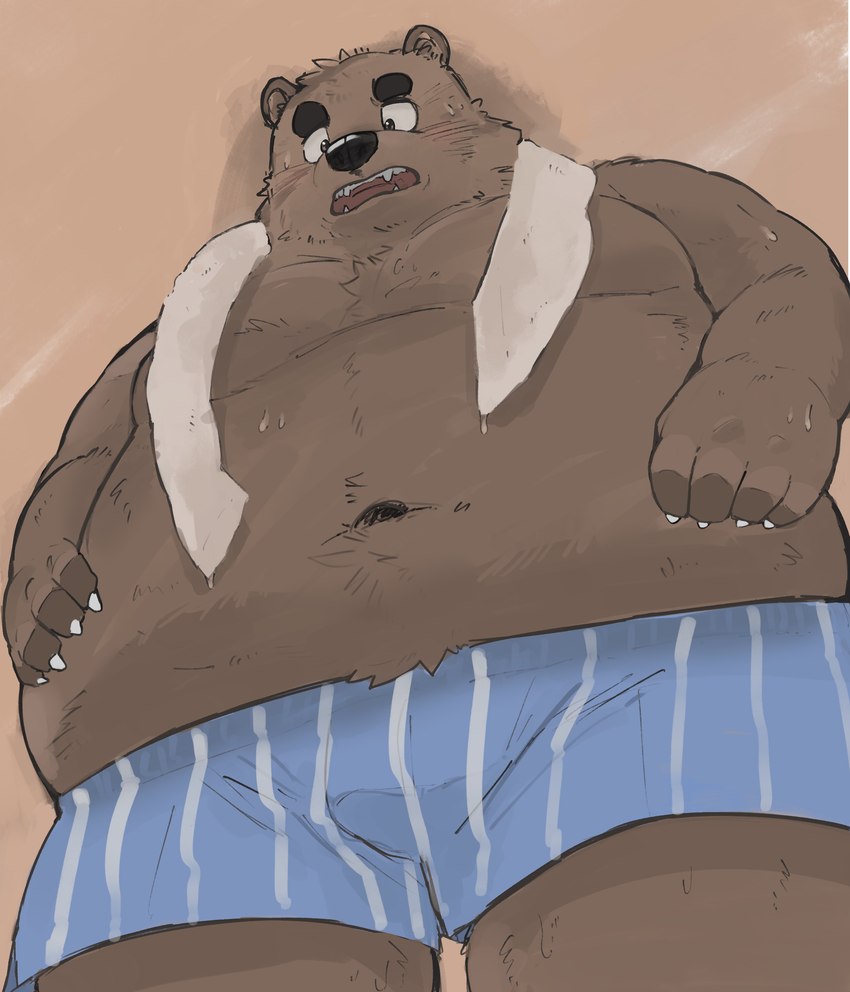 anthro belly big_belly clothing kemono male moobs navel open_mouth overweight overweight_male simple_background solo towel towel_around_neck underwear en_1_9 bear mammal 2024 absurd_res hi_res