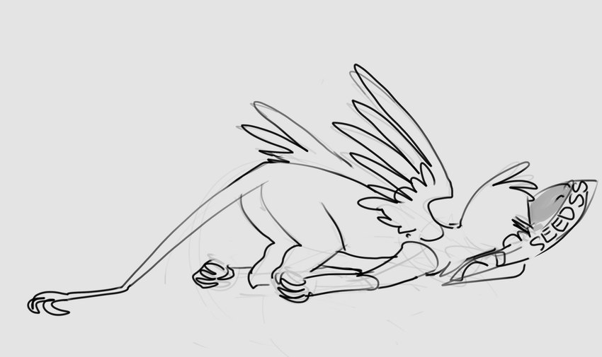 ambiguous_gender bowl butt container eyes_closed feathered_wings feathers feral long_tail lying sleeping solo tail wings alumx mythology avian gryphon mythological_avian mythological_creature hi_res monochrome sketch