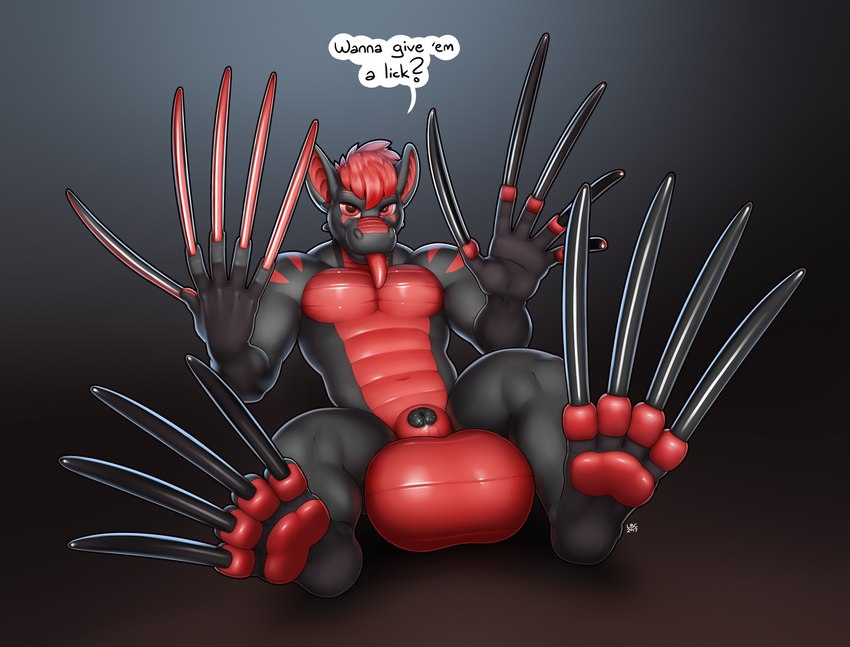 5_fingers animal_genitalia anthro balls big_balls black_body claws dialogue fingers genitals hair hand_fetish huge_balls huge_nails hyper_nails long_claws long_nails looking_at_viewer male pawpads paws penis penis_tip red_body red_eyes red_hair sheath simple_background sitting solo tapering_tongue text tongue longblueclaw mythology dragon mythological_creature mythological_scalie scalie 2017 digital_media_(artwork) english_text