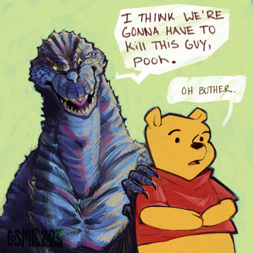 anthro clothed clothing dialogue duo hand_on_shoulder humor male simple_background speech_bubble text cosmicskele disney godzilla_(series) i_think_we're_gonna_have_to_kill_this_guy toho winnie_the_pooh_(franchise) godzilla pooh_bear bear dinosaur mammal prehistoric_species reptile scalie 1:1 2023 english_text hi_res meme reaction_image signature