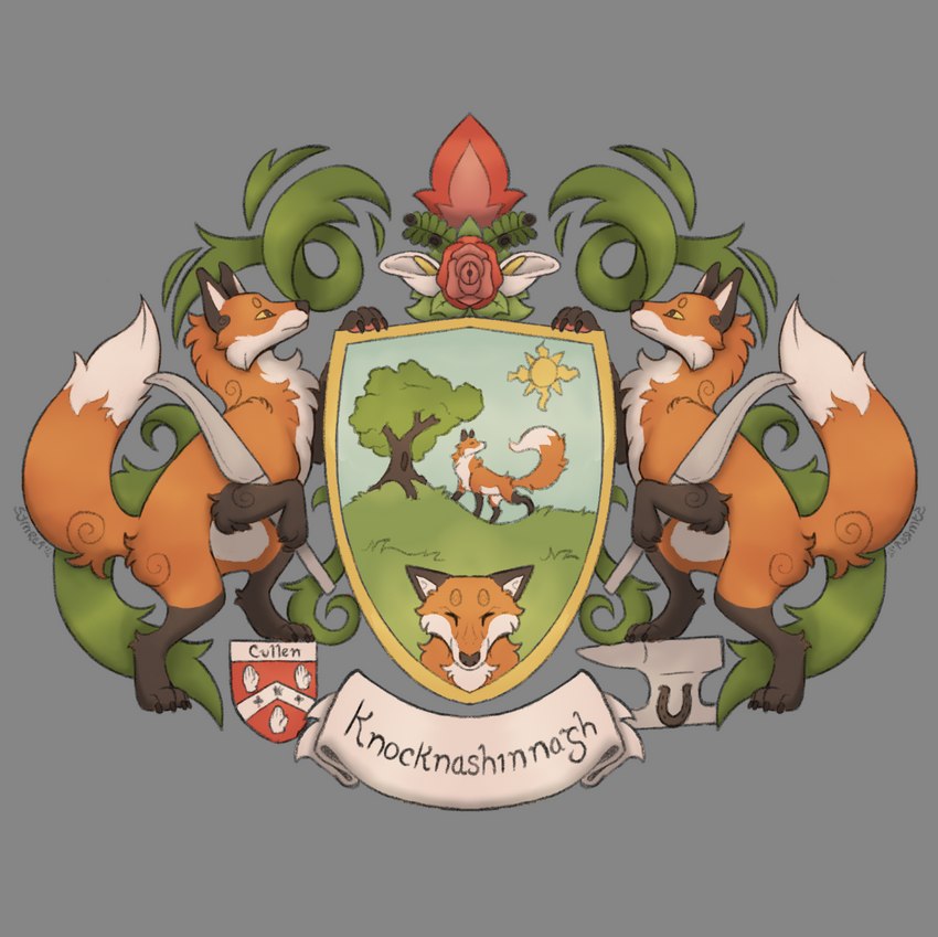 anvil black_text crest_(heraldry) feral flower grey_background group heraldry horseshoe nude on_hind_legs orange_body paws plant shield side_view simple_background sun symbol symmetry text tree vines weapon yellow_eyes symrea canid canine fox mammal 2022 digital_drawing_(artwork) digital_media_(artwork) full-length_portrait handwritten_text hi_res portrait shaded