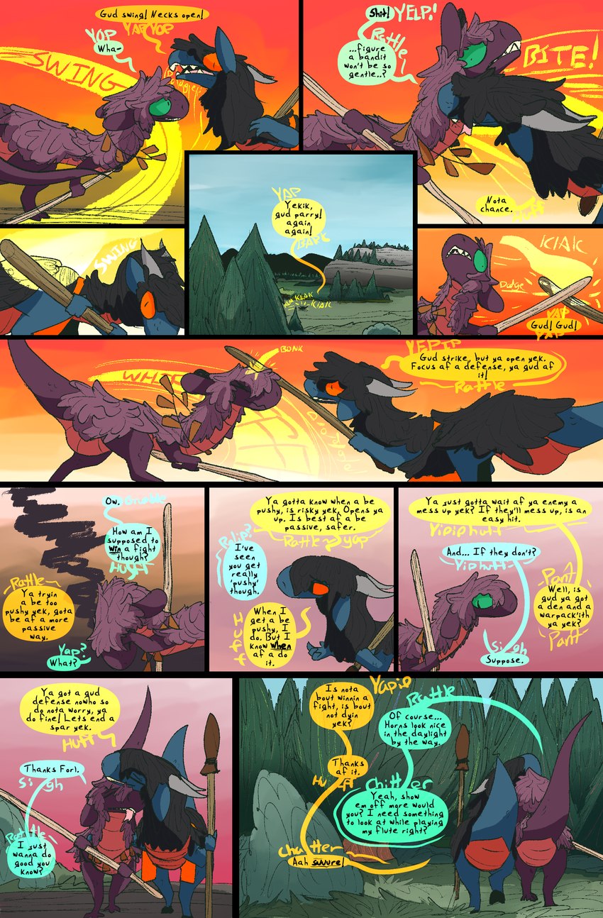 dialogue duo fantasy female feral fight forest male nuzzling plant post-apocalyptic staff tail text tree thepatchedragon dragonscape mythology forl_(thepatchedragon) hiker_(thepatchedragon) dinosaur dragon drekir dromaeosaurid mythological_creature mythological_scalie prehistoric_species reptile scalie theropod absurd_res comic english_text hi_res