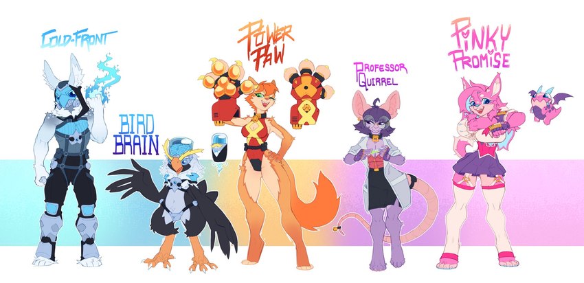 anthro arm_tuft armor athletic athletic_anthro athletic_female barefoot big_ears biped black_body black_feathers bottomwear cheek_tuft claws clothing coat codpiece digitigrade elemental_manipulation exposed_brain eyewear facial_tuft feathers feet female fluffy fluffy_tail fur furgonomics garter_straps gas_mask goggles grey_body grey_feathers grey_fur group hair hip_tuft ice_manipulation inner_ear_fluff lab_coat larger_anthro larger_female larger_male leg_tuft legwear leotard long_ears long_hair long_tail machine male mask multicolored_body muscular muscular_anthro muscular_male navel non-mammal_navel orange_body orange_fur orange_hair paws pink_body pink_fur pink_hair power_armor raised_tail ruff short_hair short_tail shoulder_tuft simple_background size_difference skirt small_waist smaller_anthro smaller_male tactical_gear tail talons text thick_thighs thigh_highs toe_claws toes topwear tuft two_tone_body unconvincing_armor white_body white_fur wide_hips wide_waist proxicute mythology power_paw alcid avian bird dragon lari mammal mythological_creature mythological_scalie puffin robot rodent scalie english_text hi_res model_sheet