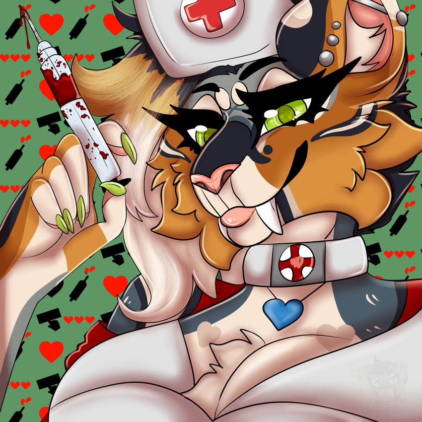 anthro blood bodily_fluids clothing ear_piercing ear_stud female holidays industrial_piercing nurse_clothing nurse_uniform piercing solo syringe uniform biopulse halloween felid feline mammal prehistoric_species saber-toothed_tiger sabertooth_feline 1:1 digital_media_(artwork) hi_res icon