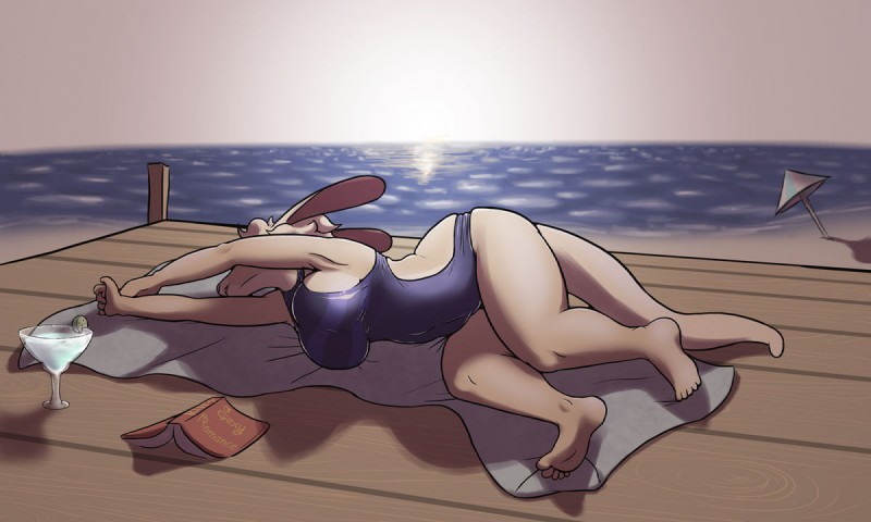 anthro beach big_breasts breasts clothing detailed_background female one-piece_swimsuit outside pose sand seaside sky slightly_chubby solo swimwear tail water wide_hips ritts frank_westerveldt kangaroo macropod mammal marsupial 5:3