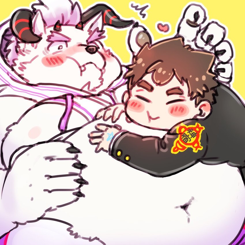 anthro belly blush cuddling duo horn male male/male navel overweight overweight_male hiryuuuuuuuuu lifewonders tokyo_afterschool_summoners behemoth_(tas) chubby_protagonist_(tas) protagonist_(tas) human mammal monster 1:1