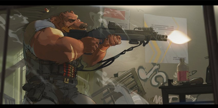 anthro bulletproof_vest gun hallway holster law_enforcement male muscular muscular_male operator police ranged_weapon shell_(projectile) shooting shotgun shotgun_shell solo special_forces tactical tactical_gear weapon boardwalkfogg swat gus_(grizzlygus) bear brown_bear grizzly_bear kodiak_bear mammal ursine