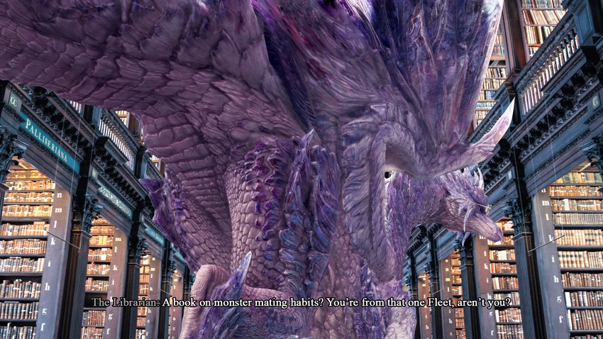 book detailed_background dialogue duo eyewear female feral glasses horn library looking_at_viewer looking_back offscreen_character rear_view scales size_difference talking_feral text white_body wings yellow_eyes library_velk_anon capcom monster_hunter mythology dragon elder_dragon mythological_creature mythological_scalie scalie velkhana 16:9 3d_(artwork) digital_media_(artwork) english_text hi_res subtitled widescreen