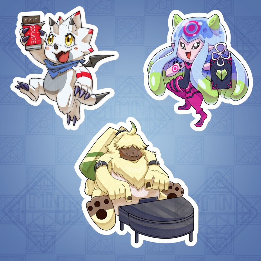 ahoge anthro belt blush candy chocolate dessert fluffy fluffy_chest food fur group hair hair_over_eyes horn keyboard_instrument long_ears male musical_instrument pawpads piano pink_body ponytail_ears sitting tentacles trio white_body yellow_body yellow_eyes yellow_fur morgannox bandai_namco digimon angoramon digimon_(species) gammamon humanoid jellymon 1:1