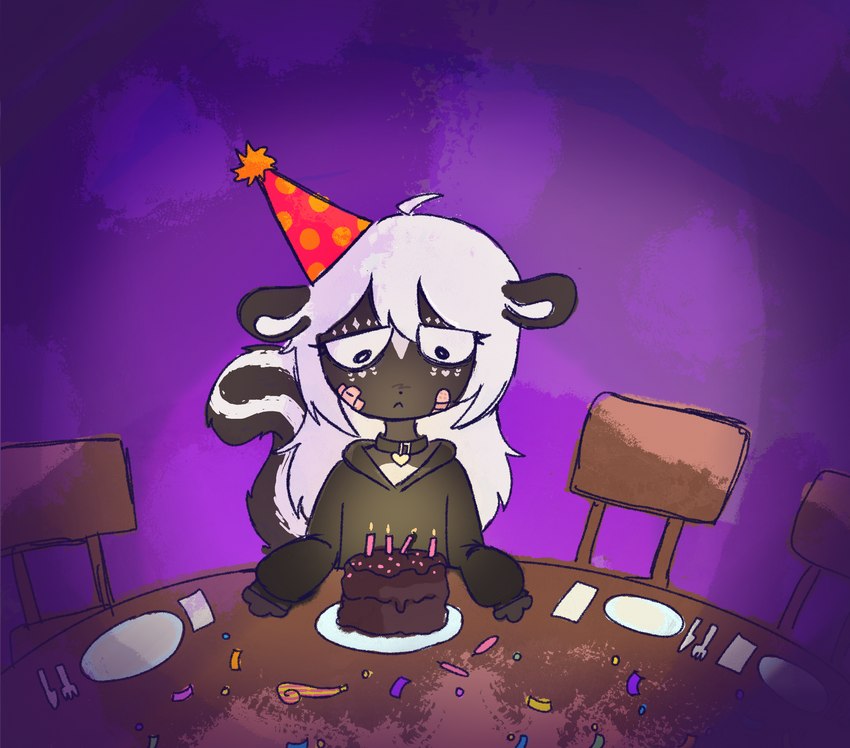 anthro band-aid bandage birthday birthday_cake cake clothing collar confetti cutlery depression dessert food hair hat headgear headwear hoodie kitchen_utensils lonely lonely_birthday_party long_hair male party_hat sad solo tools topwear white_hair mewni tamagotchi mae_peppermint mammal mephitid skunk hi_res andromorph_(lore)