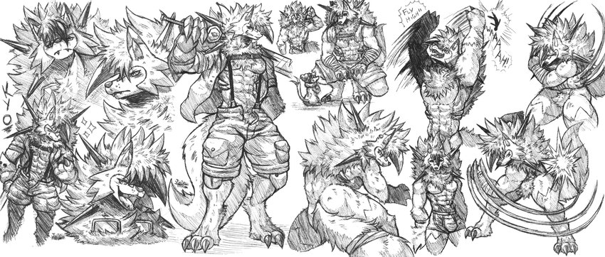 3_fingers abs anthro anthrofied armor armor_gloves athletic athletic_anthro athletic_male chest_tuft claws clothed clothing crotch_lines duo eyewear finger_claws fingers fluffy fluffy_tail fur gesture gesturing_at_viewer gloved_hand goggles grin hair harness looking_aside looking_at_viewer looking_down looking_down_at_viewer male melee_weapon muscular muscular_anthro muscular_male neck_tuft open_clothing open_shirt open_topwear pecs pose scar scratching shirt smile solo sparkles spiky_hair standing stare suspenders sword tail throwing throwing_character topwear tuft underwear unzipped unzipped_pants vest weapon yellow_eyes zipper jwbash nintendo pokemon pokemon_mystery_dungeon spike_chunsoft kyoto_rex buizel canid canine dusk_lycanroc generation_4_pokemon generation_7_pokemon lycanroc mammal mustelid pokemon_(species) absurd_res hi_res sketch sketch_page