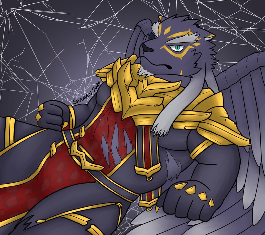 abstract_background anthro armor black_body black_fur broken_armor clothed clothing damaged_armor defeated eye_patch eyebrows eyewear frown fully_clothed fur green_eyes grey_eyebrows looking_at_viewer lying male on_back solo torn_clothing wings diaperedshaman lifewonders tokyo_afterschool_summoners tezcatlipoca_(tas) felid jaguar mammal pantherine 2020 digital_drawing_(artwork) digital_media_(artwork) shaded signature simple_shading soft_shading